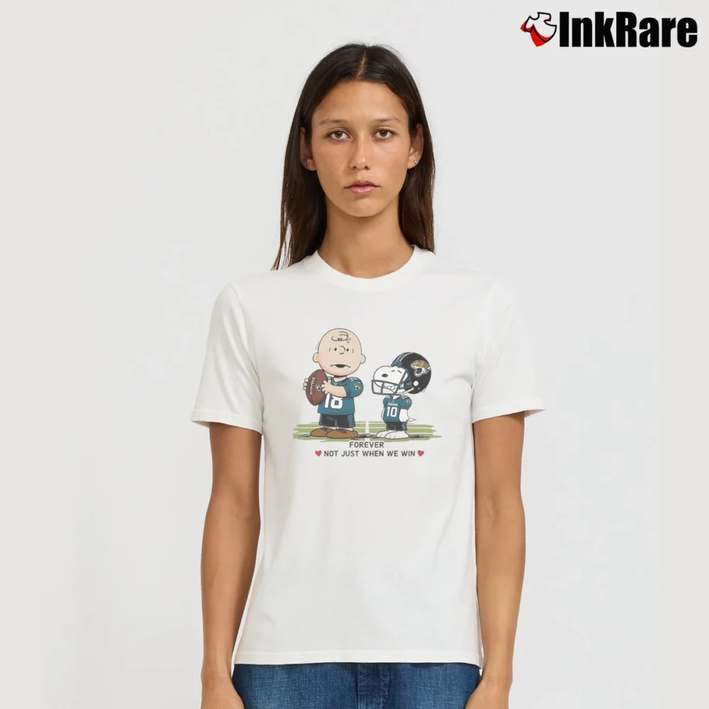 Women’s Charlie Brown And Snoopy Jacksonville Jaguars Forever Not Just When We Win T-Shirt in white | Soft, Flattering Fit