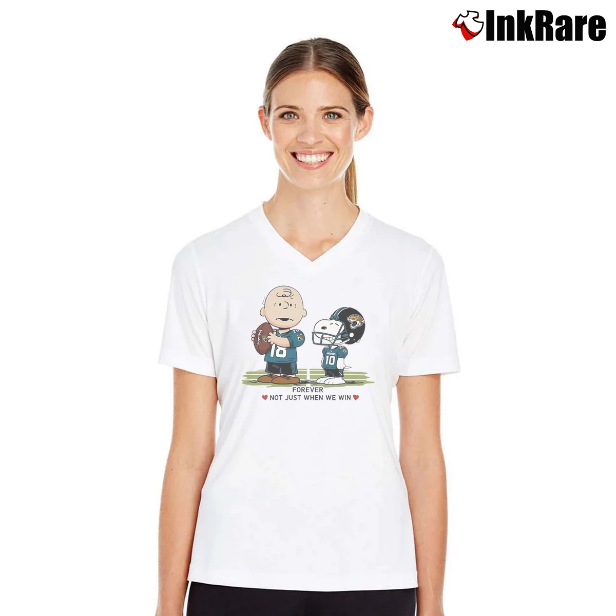 Charlie Brown And Snoopy Jacksonville Jaguars Forever Not Just When We Win Women’s V-Neck Tee in white – Flattering Fit Women’s Charlie Brown And Snoopy Jacksonville Jaguars Forever Not Just When We Win V-Neck Tee in white | Chic Neckline, Soft Texture