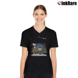 Women’s Charlie Brown And Snoopy Merry Christmas V-Neck Tee in black | Chic Neckline, Soft Texture