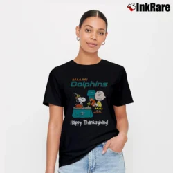 Women’s Charlie Brown And Snoopy Miami Dolphins Football Happy Thanksgiving T-Shirt in black | Soft, Flattering Fit