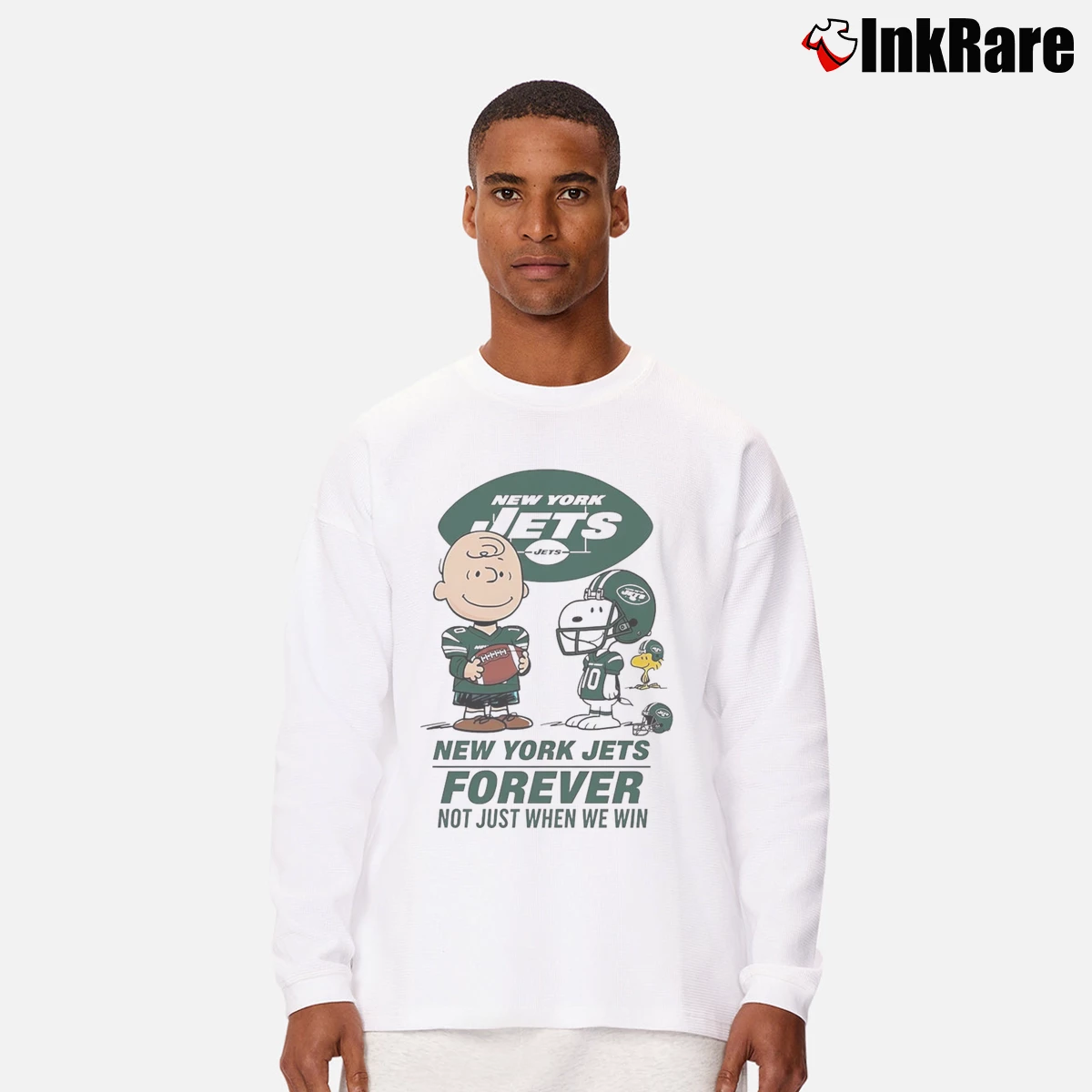 Charlie Brown And Snoopy New York Jets Forever Not Just When We Win Men’s Long-Sleeve Tee in white – Versatile Layering Men’s Charlie Brown And Snoopy New York Jets Forever Not Just When We Win Long-Sleeve Shirt in white | Sleek, Lightweight, Year-Round Wear