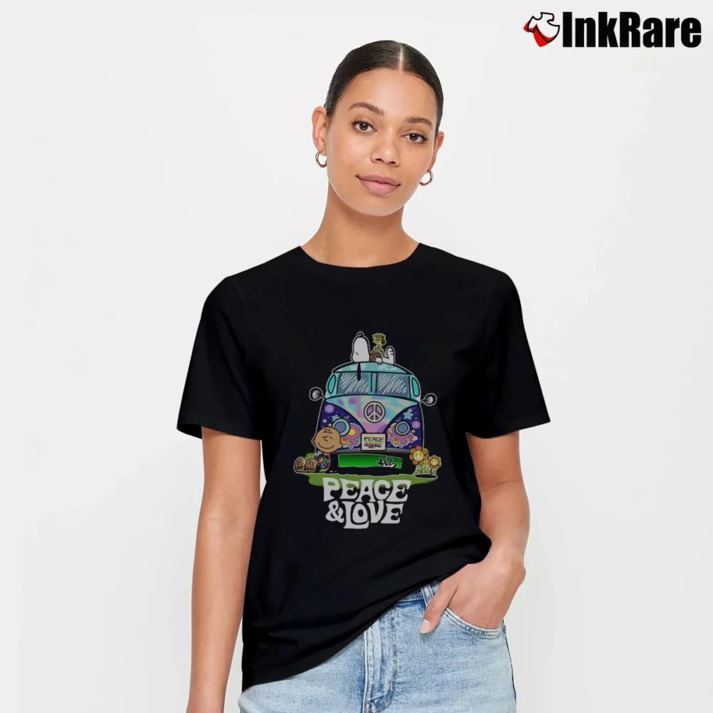 Women’s Charlie Brown And Snoopy Peace And Love T-Shirt in black | Soft, Flattering Fit