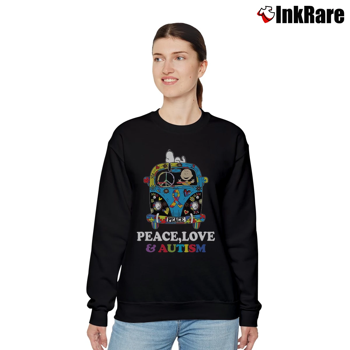 Charlie Brown And Snoopy Peace Love And Autism In Hippie Car Women’s Relaxed Sweatshirt in black – Cozy Casual Women’s Charlie Brown And Snoopy Peace Love And Autism In Hippie Car Relaxed Sweatshirt in black | Soft, Laid-Back Vibe
