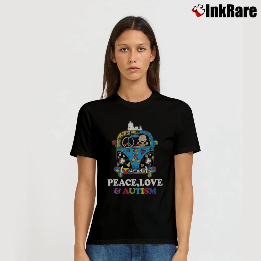 Women’s Charlie Brown And Snoopy Peace Love And Autism In Hippie Car T-Shirt in black | Soft, Flattering Fit