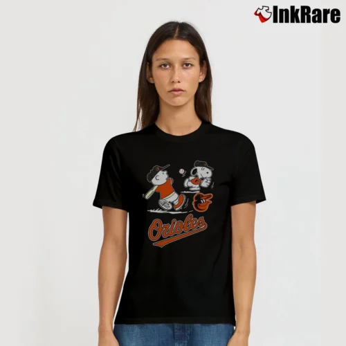 Charlie Brown And Snoopy Playing Baseball Baltimore Orioles Women’s Tee in black – Effortless Style Women’s Charlie Brown And Snoopy Playing Baseball Baltimore Orioles T-Shirt in black | Soft, Flattering Fit