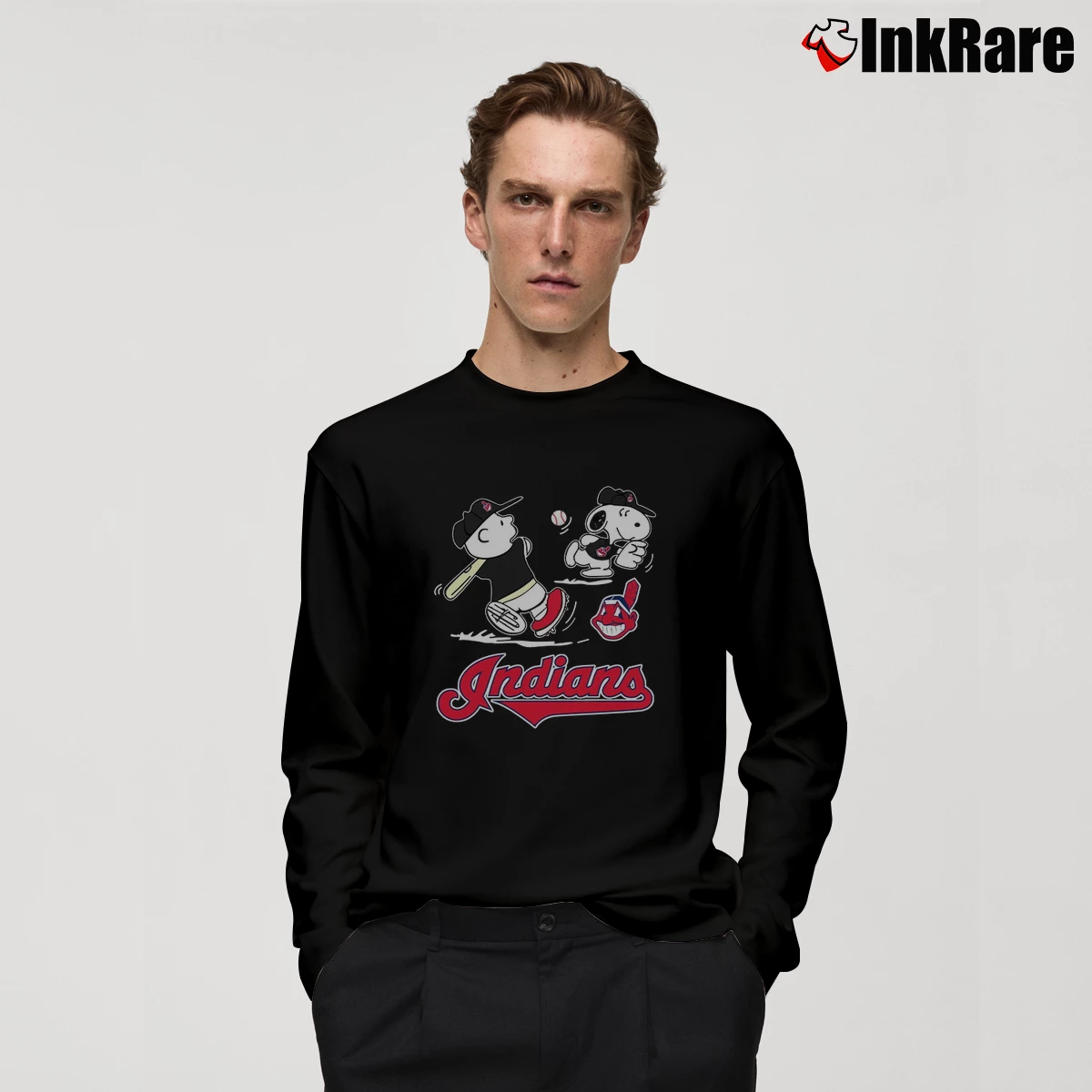 Charlie Brown And Snoopy Playing Baseball Cleveland Indians Men’s Long-Sleeve Tee in black – Versatile Layering Men’s Charlie Brown And Snoopy Playing Baseball Cleveland Indians Long-Sleeve Shirt in black | Sleek, Lightweight, Year-Round Wear