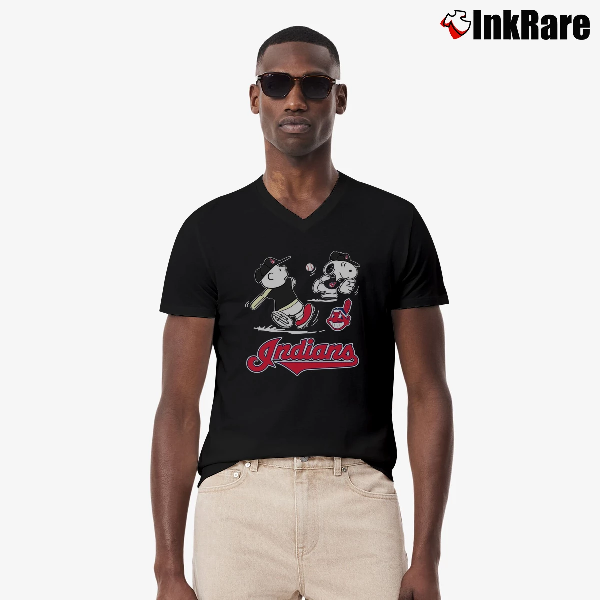 Charlie Brown And Snoopy Playing Baseball Cleveland Indians Men’s V-Neck Tee in black – Modern Essential Men’s Charlie Brown And Snoopy Playing Baseball Cleveland Indians V-Neck Tee in black | Sharp, Breathable, Everyday Staple