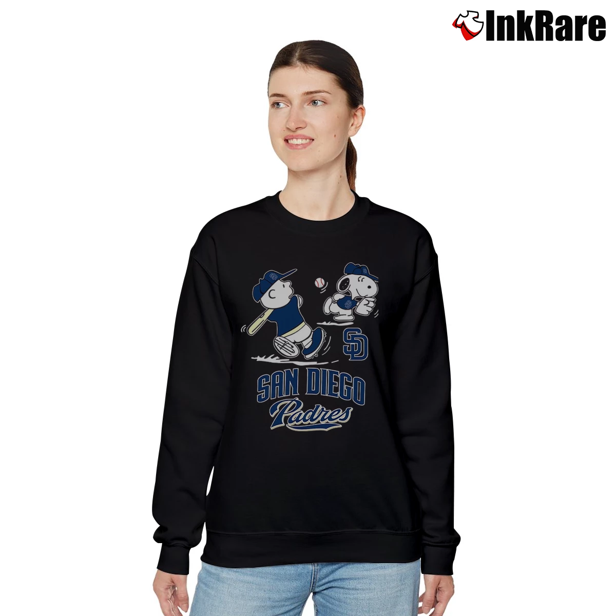 Charlie Brown And Snoopy Playing Baseball San Diego Padres Women’s Relaxed Sweatshirt in black – Cozy Casual Women’s Charlie Brown And Snoopy Playing Baseball San Diego Padres Relaxed Sweatshirt in black | Soft, Laid-Back Vibe