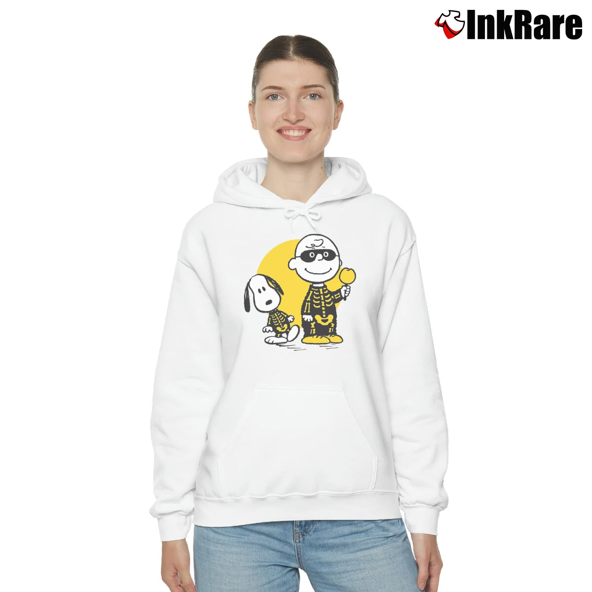 Charlie Brown And Snoopy Skeleton Graphic Women’s Cozy Hoodie in white – Urban Chic Women’s Charlie Brown And Snoopy Skeleton Graphic Cozy Hoodie in white | Warm, Structured, Stylish