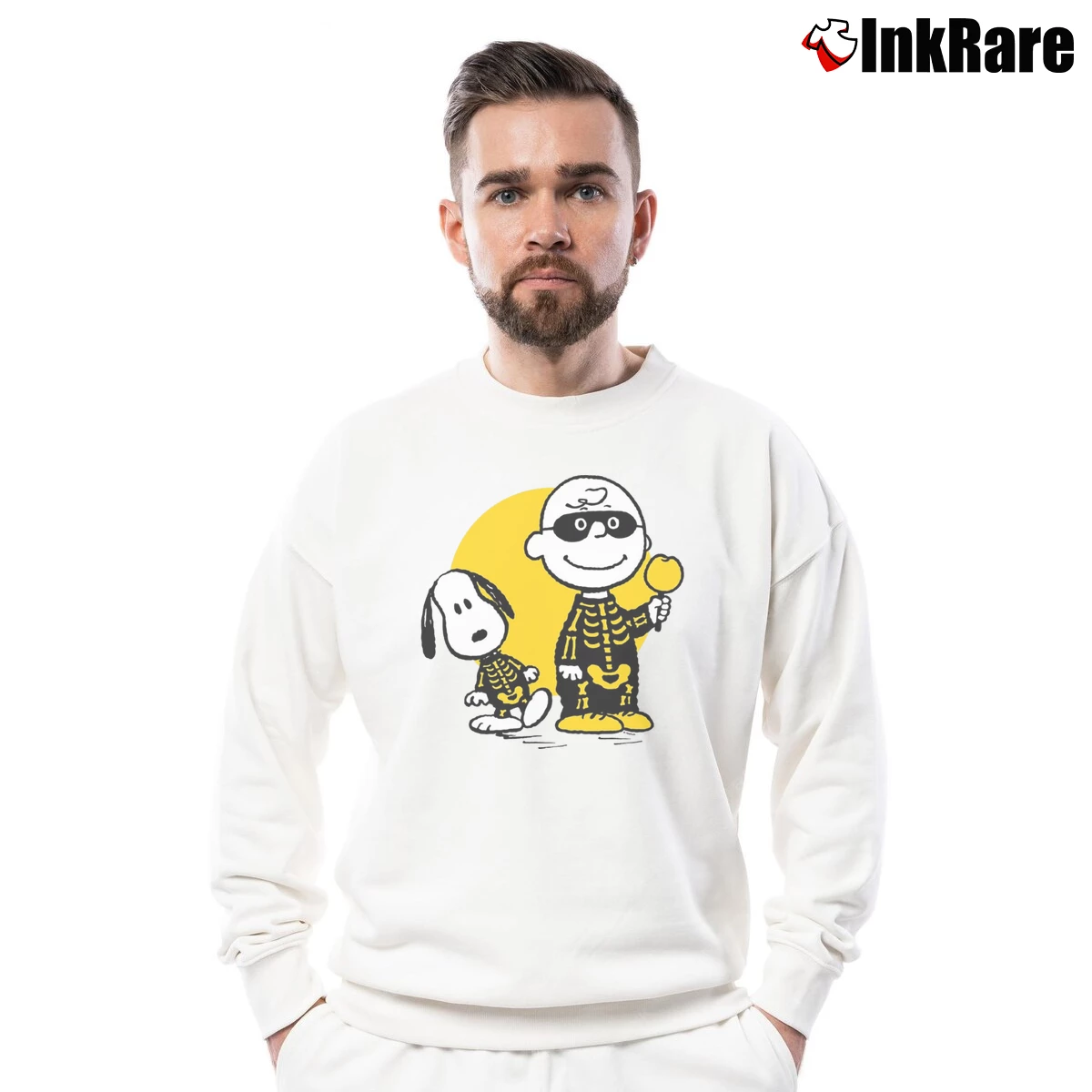 Charlie Brown And Snoopy Skeleton Graphic Men’s Crewneck Sweatshirt in white – Soft & Durable Men’s Charlie Brown And Snoopy Skeleton Graphic Crewneck Sweatshirt in white | Cozy Fabric, Clean Style