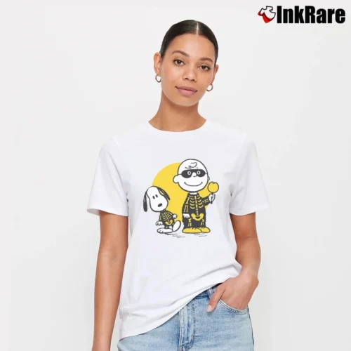 Charlie Brown And Snoopy Skeleton Graphic Women’s Tee in white – Effortless Style Women’s Charlie Brown And Snoopy Skeleton Graphic T-Shirt in white | Soft, Flattering Fit