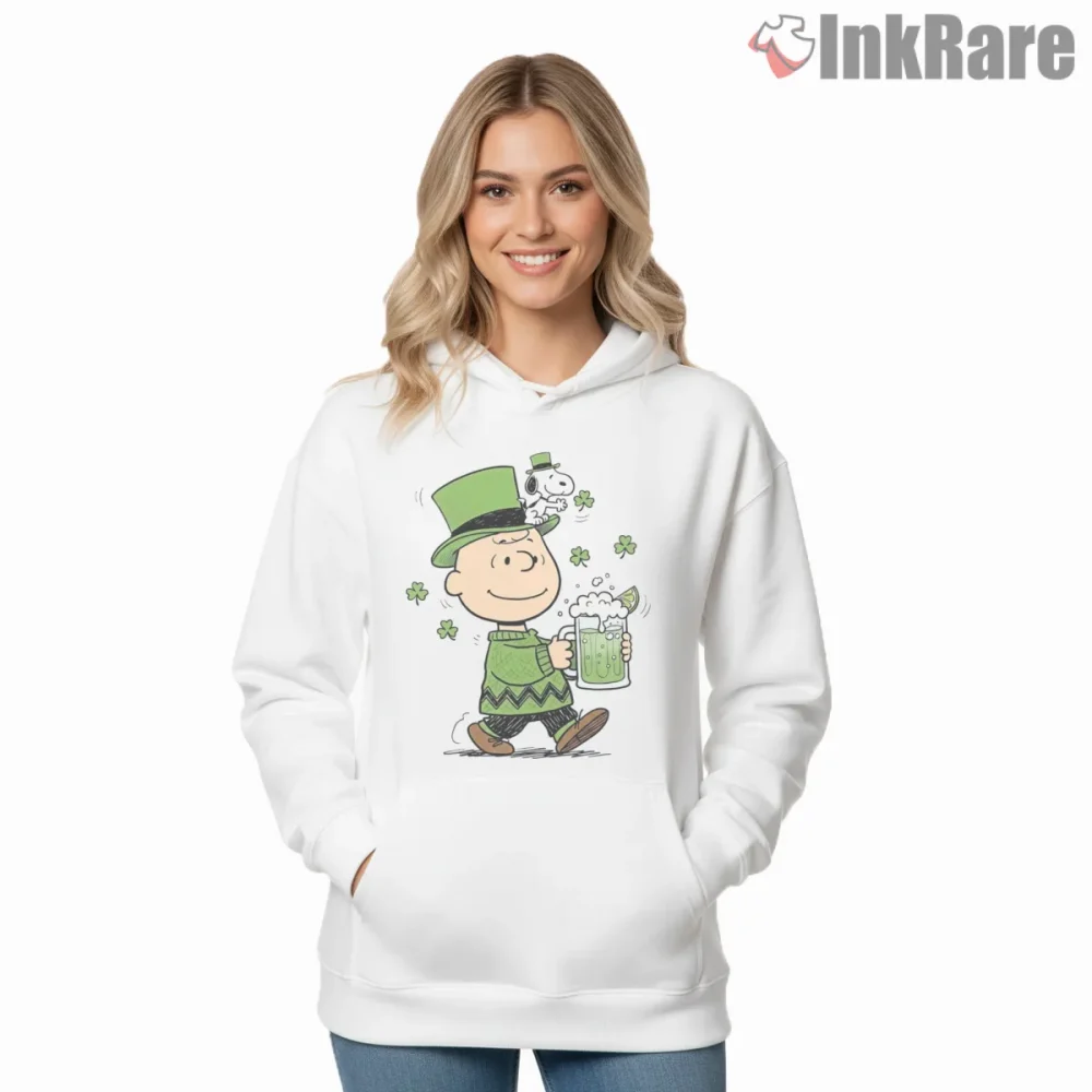 Charlie Brown And Snoopy St Patricks Cheers Shirt on white hoodie for women graphic tee