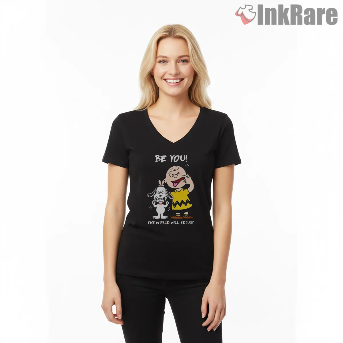 Charlie Brown Be You Inspirational Quote Shirt on black v-neck shirt for women graphic tee