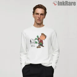 Charlie Brown Christmas Tree Decorating Shirt on white long sleeve shirt for men graphic tee