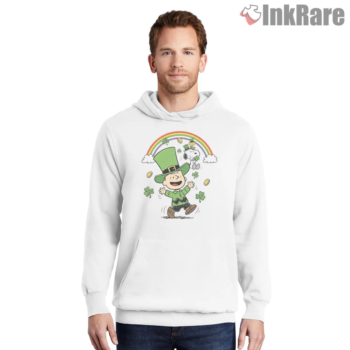 Charlie Brown Happy St Patricks Day Shirt on white hoodie for men graphic tee