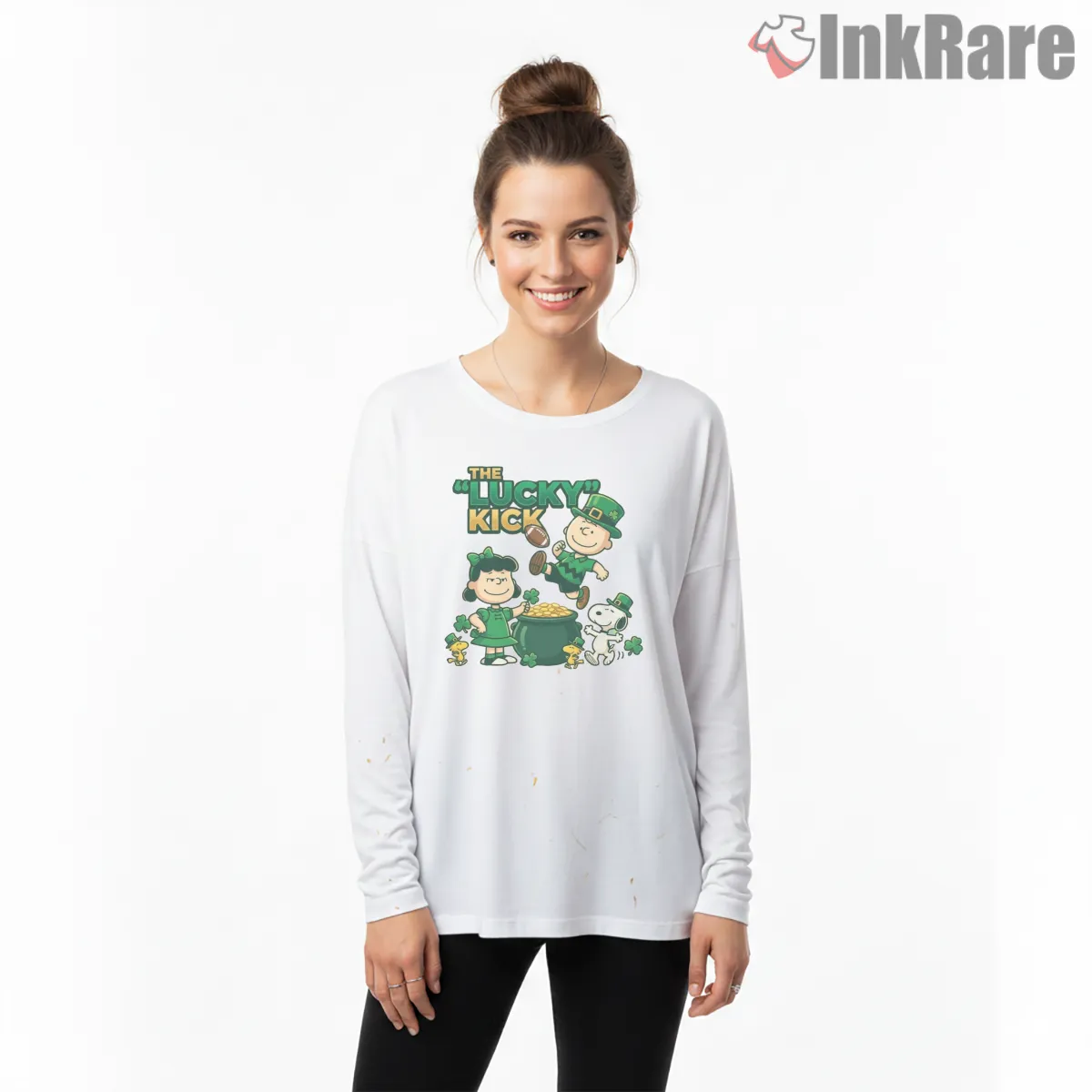 Charlie Brown Lucky Kick St Patricks Parody Shirt on white long sleeve shirt for women graphic tee