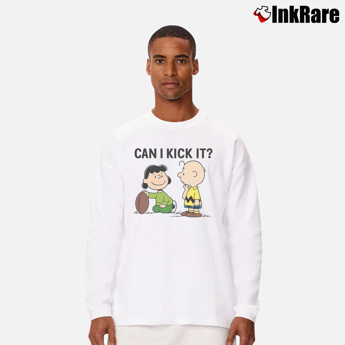 Charlie Brown Lucy Snoopy Football Can I Kick It Men’s Long-Sleeve Tee in white – Versatile Layering Men’s Charlie Brown Lucy Snoopy Football Can I Kick It Long-Sleeve Shirt in white | Sleek, Lightweight, Year-Round Wear