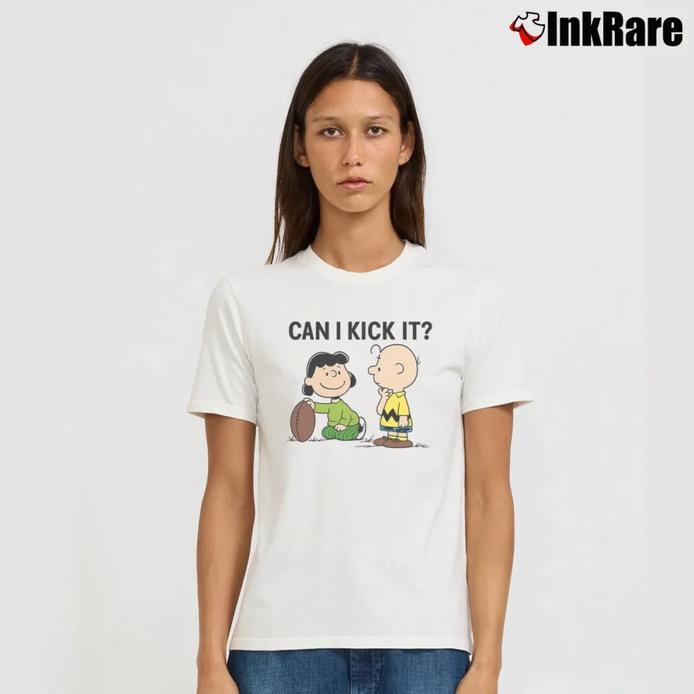 Women’s Charlie Brown Lucy Snoopy Football Can I Kick It T-Shirt in white | Soft, Flattering Fit