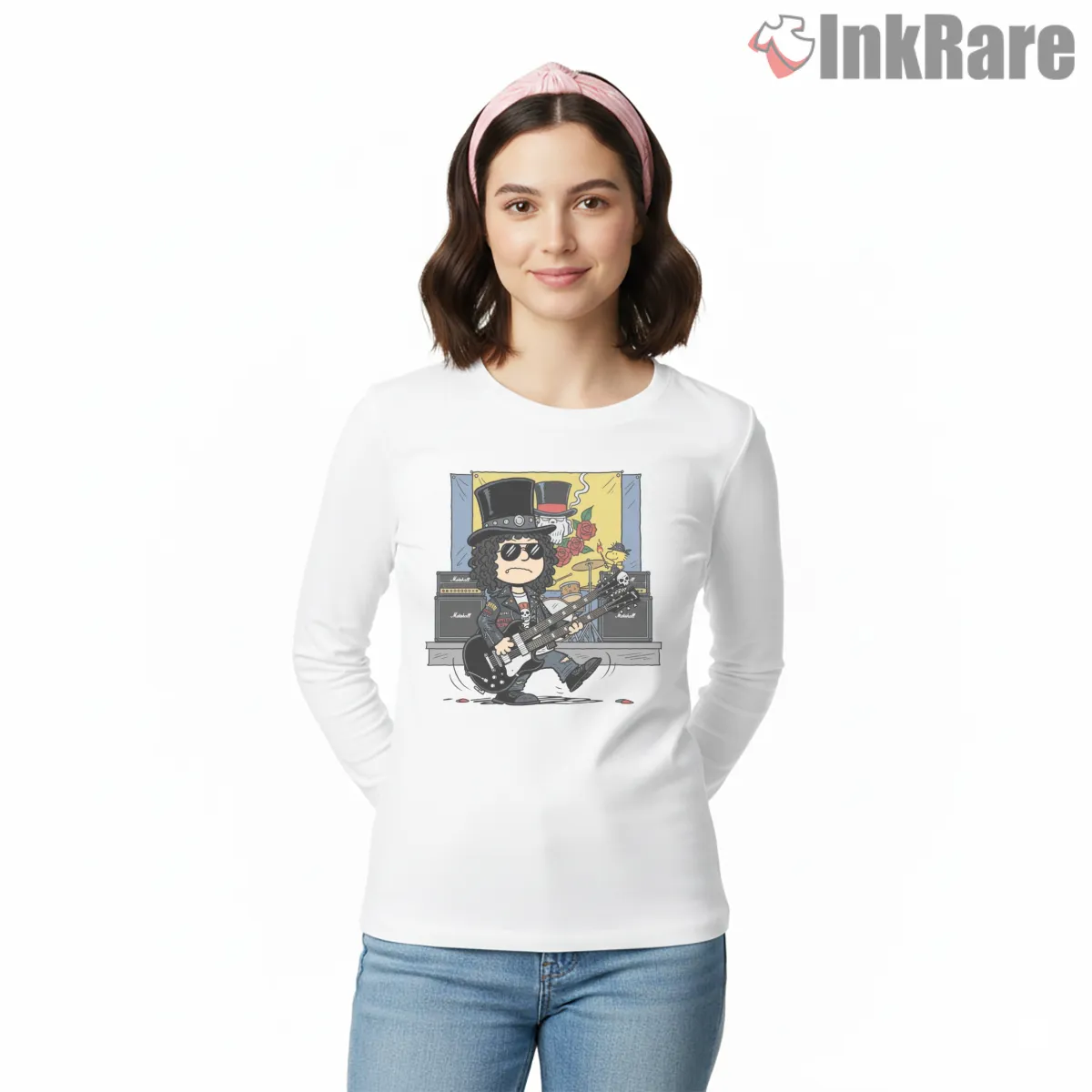 Charlie Brown Metalhead Guitar Shirt on white long sleeve shirt for women graphic tee
