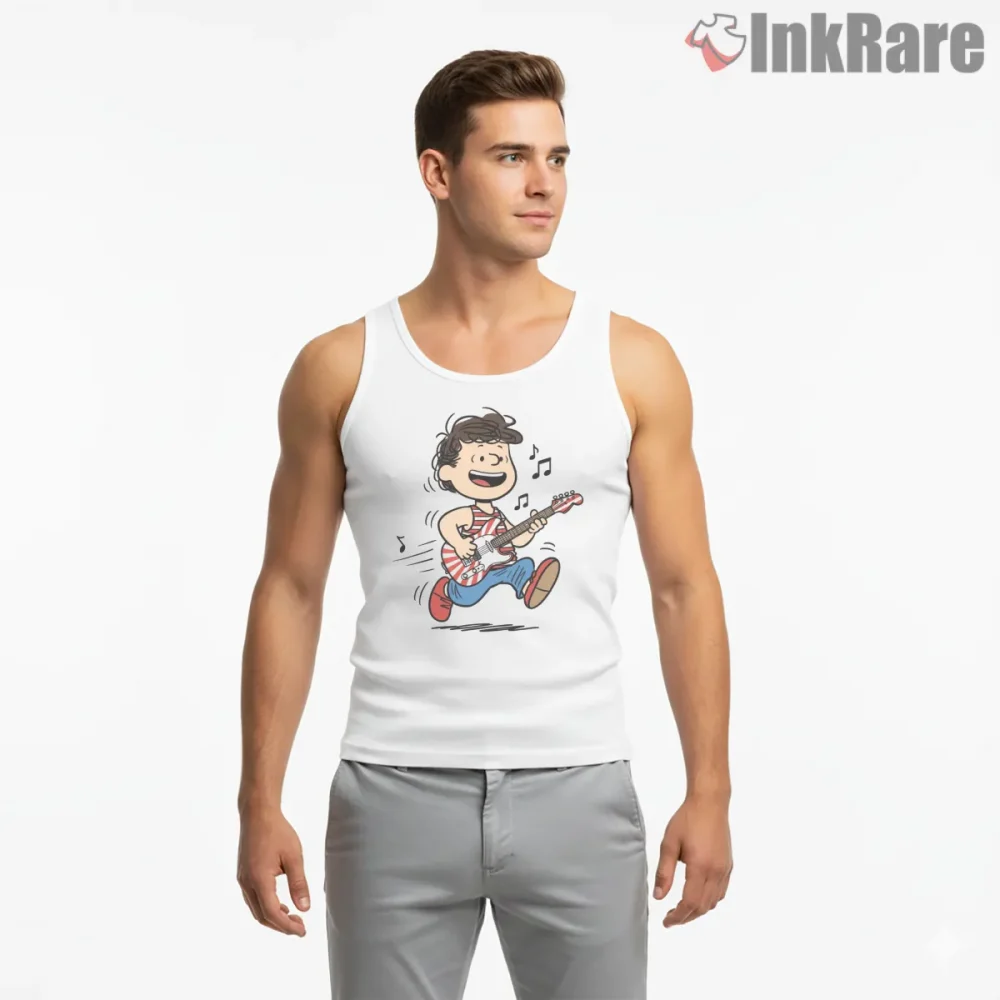 Charlie Brown Rock Guitar Inspired Shirt on white tank top for men graphic tee