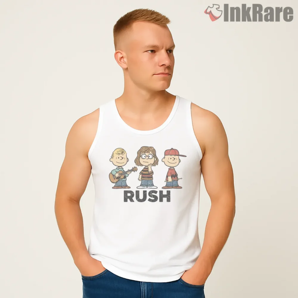 Charlie Brown Rock Trio Parody Band Shirt on white tank top for men graphic tee