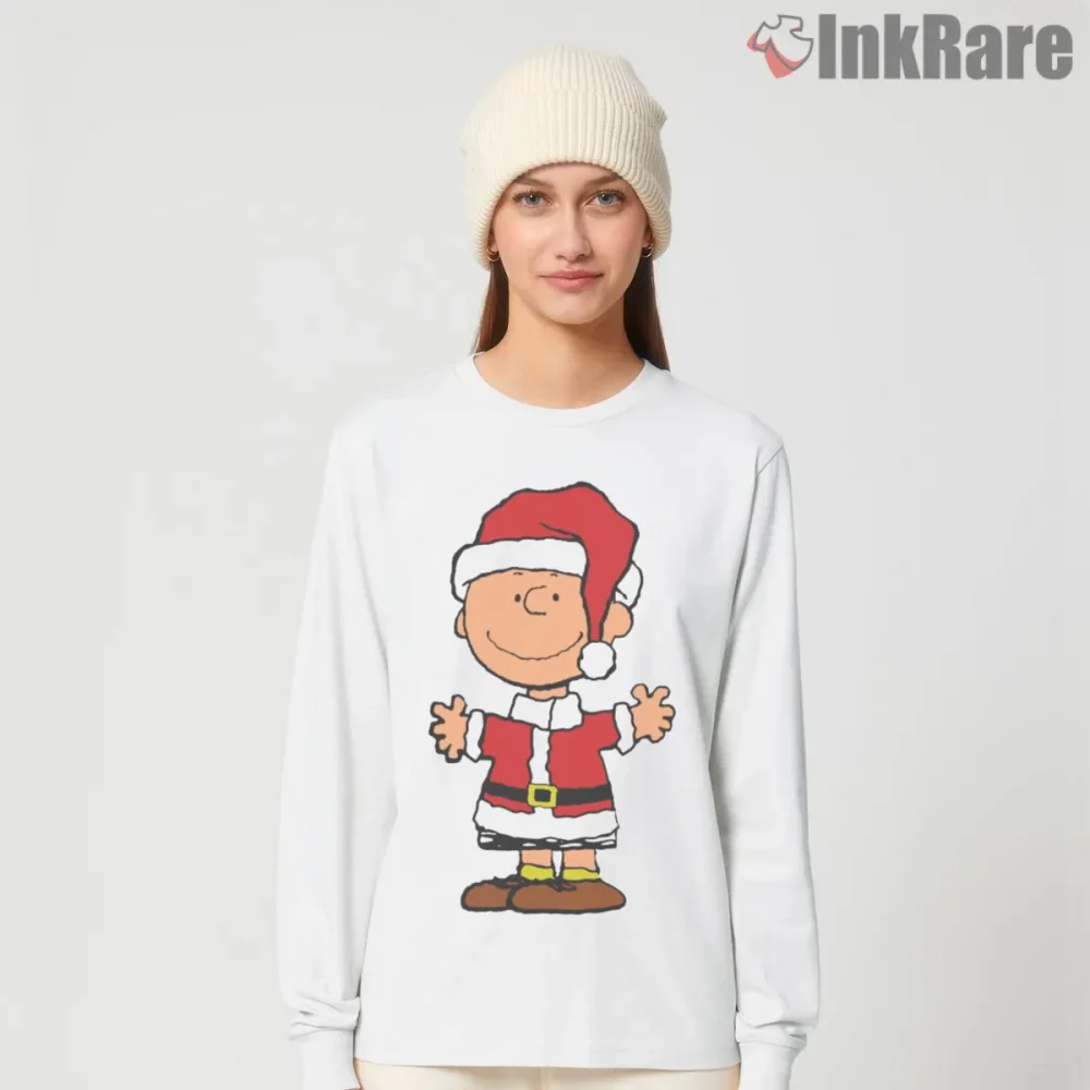 Charlie Brown Santa Claus Holiday Cheer Shirt on white long sleeve shirt for women graphic tee
