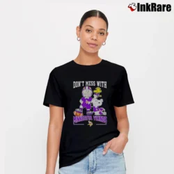 Women’s Charlie Brown Snoopy And Woodstock Don T Mess With Minnesota Vikings T-Shirt in black | Soft, Flattering Fit
