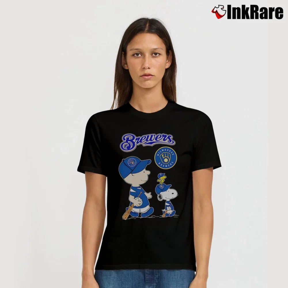 Women’s Charlie Brown Snoopy And Woodstock Milwaukee Brewers T-Shirt in black | Soft, Flattering Fit