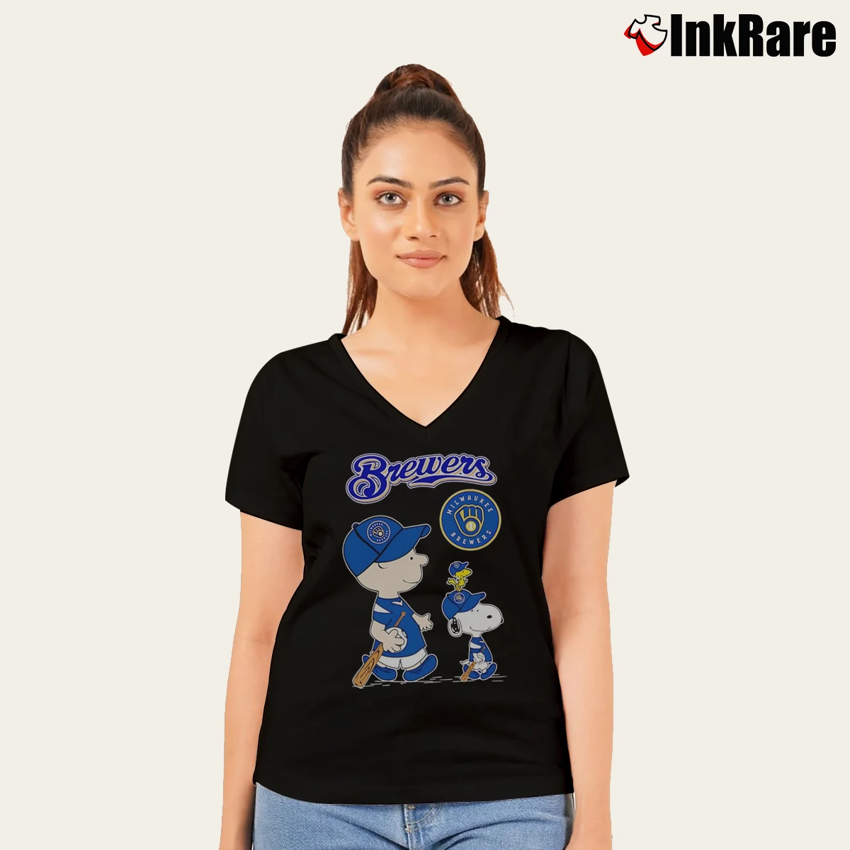 Charlie Brown Snoopy And Woodstock Milwaukee Brewers Women’s V-Neck Tee in black – Flattering Fit Women’s Charlie Brown Snoopy And Woodstock Milwaukee Brewers V-Neck Tee in black | Chic Neckline, Soft Texture