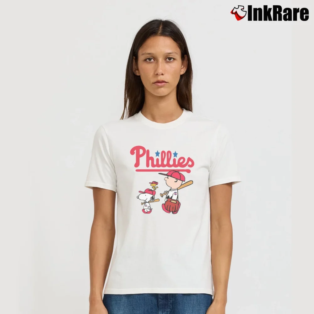 Women’s Charlie Brown Snoopy And Woodstock Philadelphia Phillies T-Shirt in white | Soft, Flattering Fit