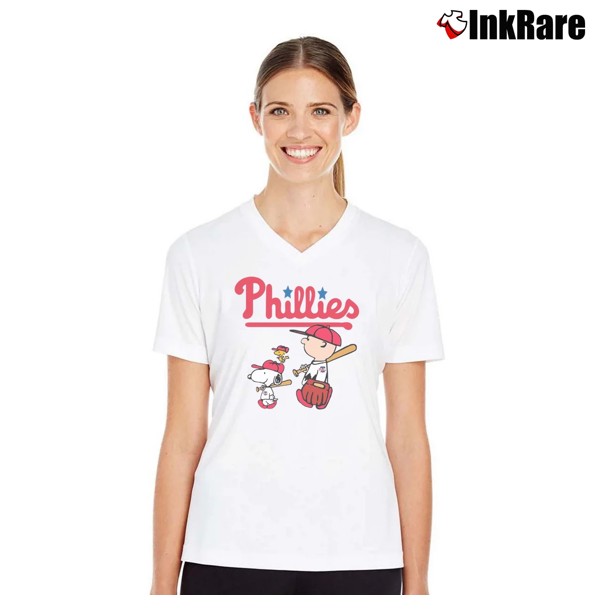 Charlie Brown Snoopy And Woodstock Philadelphia Phillies Women’s V-Neck Tee in white – Flattering Fit Women’s Charlie Brown Snoopy And Woodstock Philadelphia Phillies V-Neck Tee in white | Chic Neckline, Soft Texture