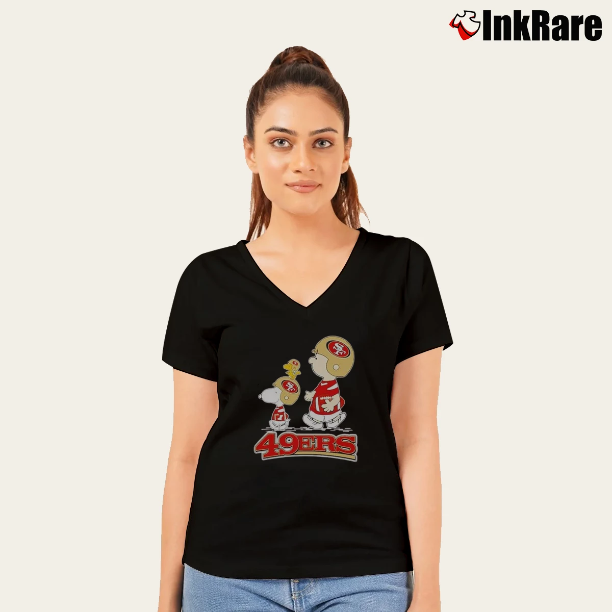 Charlie Brown Snoopy And Woodstock San Francisco 49ers Women’s V-Neck Tee in black – Flattering Fit Women’s Charlie Brown Snoopy And Woodstock San Francisco 49ers V-Neck Tee in black | Chic Neckline, Soft Texture