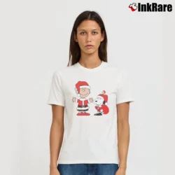 Women’s Charlie Brown Snoopy And Woodstock Santa Christmas T-Shirt in white | Soft, Flattering Fit