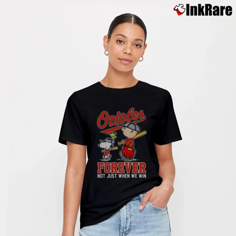Women’s Charlie Brown Snoopy And Woodstock We Win Baltimore Orioles T-Shirt in black | Soft, Flattering Fit