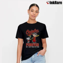 Women’s Charlie Brown Snoopy And Woodstock We Win Baltimore Orioles T-Shirt in black | Soft, Flattering Fit