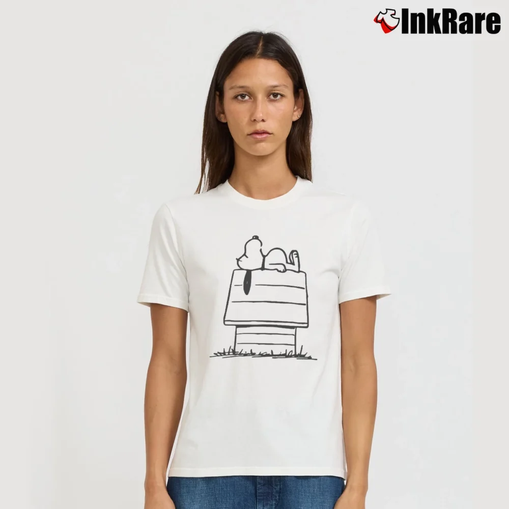 Women’s Charlie Brown Snoopy Doghouse Peanuts Classic Signature T-Shirt in white | Soft, Flattering Fit