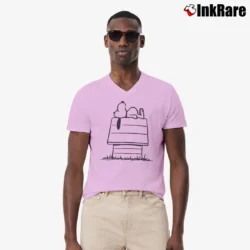 Men’s Charlie Brown Snoopy Doghouse Peanuts Classic V-Neck Tee in light pink | Sharp, Breathable, Everyday Staple