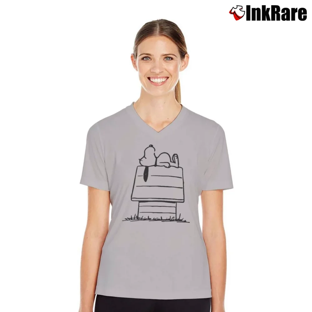 Women’s Charlie Brown Snoopy Doghouse Peanuts Classic V-Neck Tee in sport grey | Chic Neckline, Soft Texture