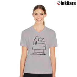 Women’s Charlie Brown Snoopy Doghouse Peanuts Classic V-Neck Tee in sport grey | Chic Neckline, Soft Texture