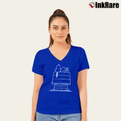 Women’s Charlie Brown Snoopy Doghouse Peanuts V-Neck Tee in royal blue | Chic Neckline, Soft Texture