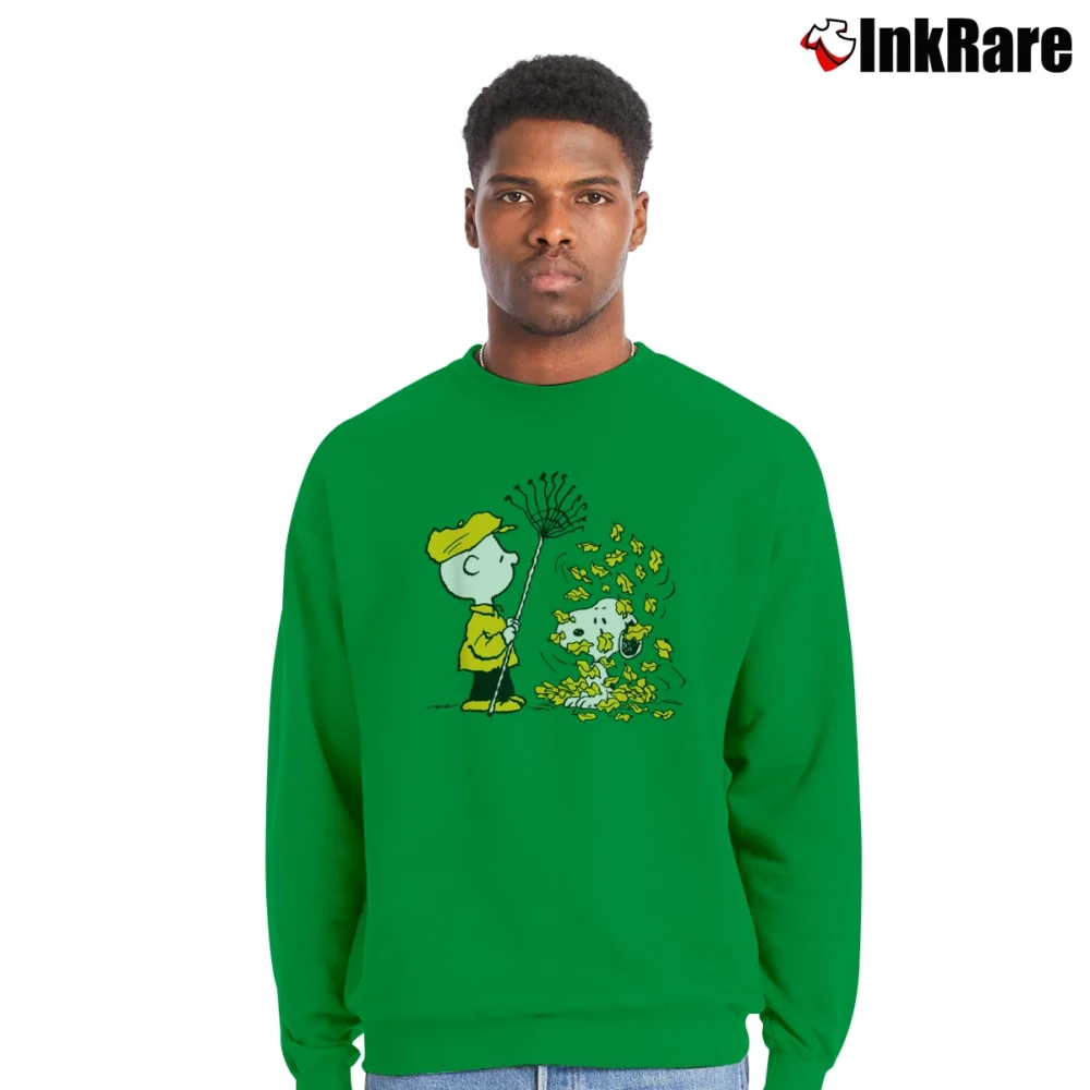Men’s Charlie Brown Snoopy Fall Leaves Thanksgiving Crewneck Sweatshirt in irish green | Cozy Fabric, Clean Style
