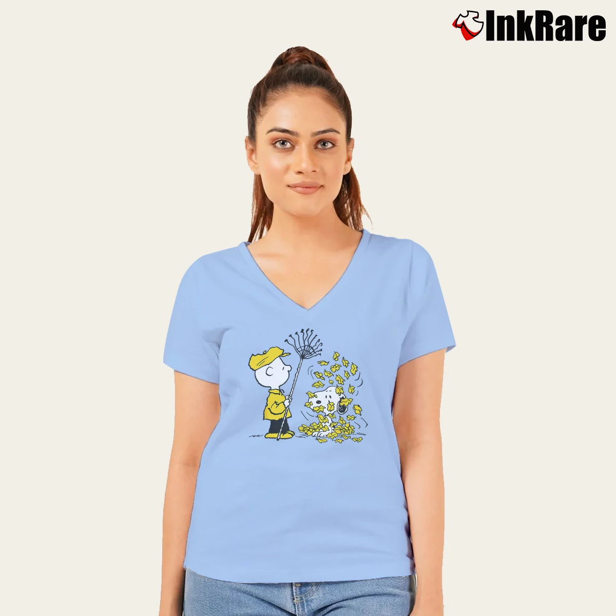 charlie brown snoopy fall leaves Women’s V-Neck Tee in light blue – Flattering Fit Women’s charlie brown snoopy fall leaves V-Neck Tee in light blue | Chic Neckline, Soft Texture