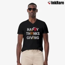 Men’s Charlie Brown Snoopy Happy Thanksgiving Peanuts V-Neck Tee in black | Sharp, Breathable, Everyday Staple