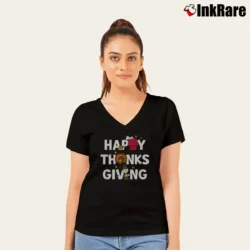 Women’s Charlie Brown Snoopy Happy Thanksgiving Peanuts V-Neck Tee in black | Chic Neckline, Soft Texture