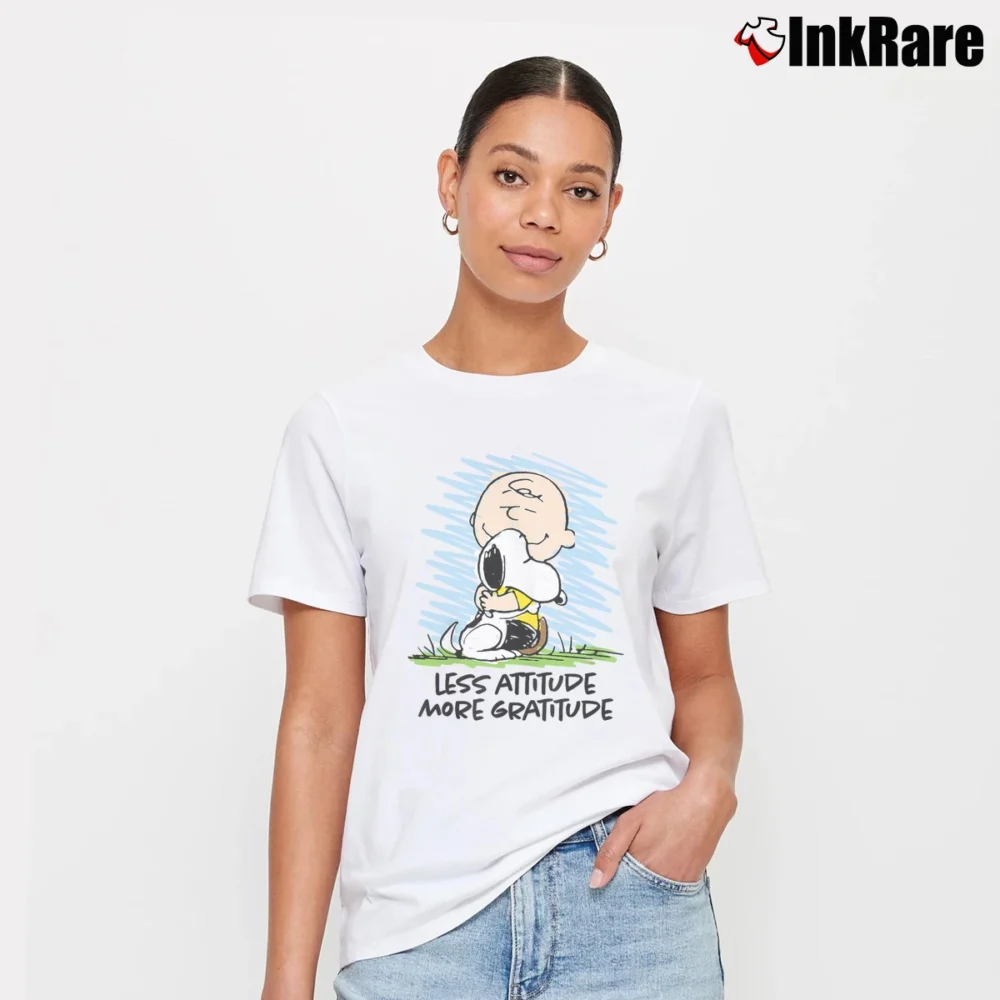 Women’s Charlie Brown Snoopy Less Attitude More Gratitude T-Shirt in white | Soft, Flattering Fit