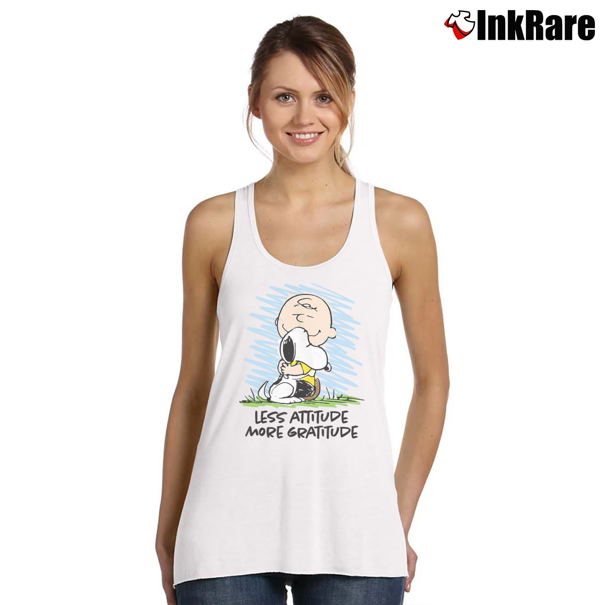 Women’s Charlie Brown Snoopy Less Attitude More Gratitude Tank Top in white | Lightweight, Movement-Friendly