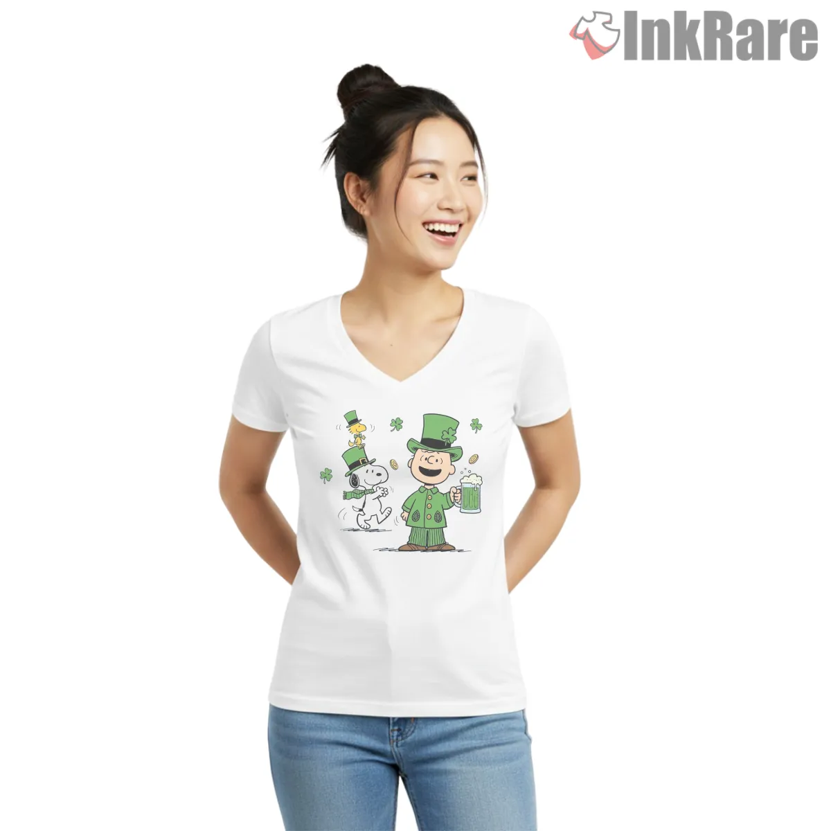 Charlie Brown St Patricks Day Beer Mug Shirt on white v-neck shirt for women graphic tee