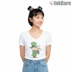 Charlie Brown St Patricks Day Lucky Pot Shirt on white v-neck shirt for women graphic tee