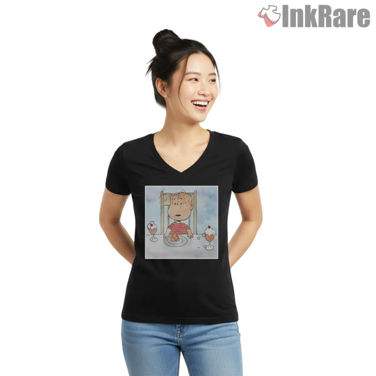 Charlie Brown Sweet Thanksgiving Surprise V Neck Black Charlie Brown Sweet Thanksgiving Surprise Shirt on black v-neck shirt for women graphic tee