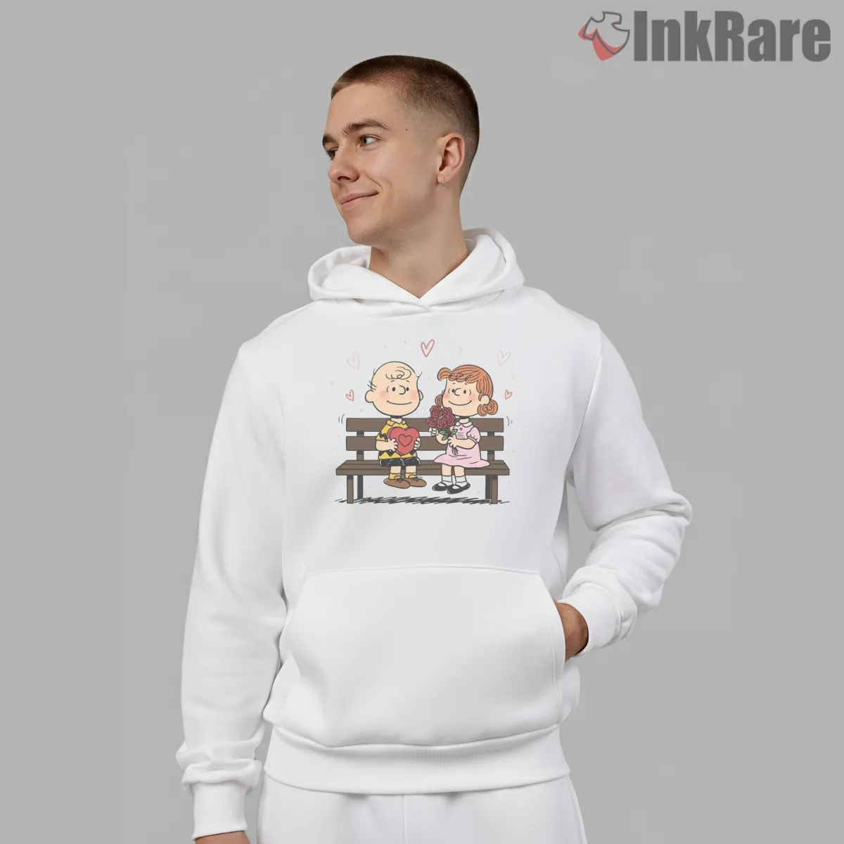 Charlie Brown Valentine Bench Scene Shirt on white hoodie for men graphic tee